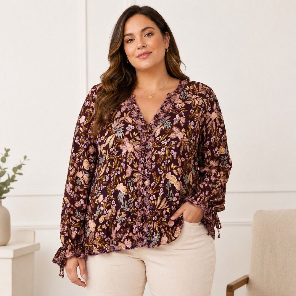 Democracy Burgundy Floral Peplum Blouse 1X Scallop Edge Lace Trim Boho Romantic